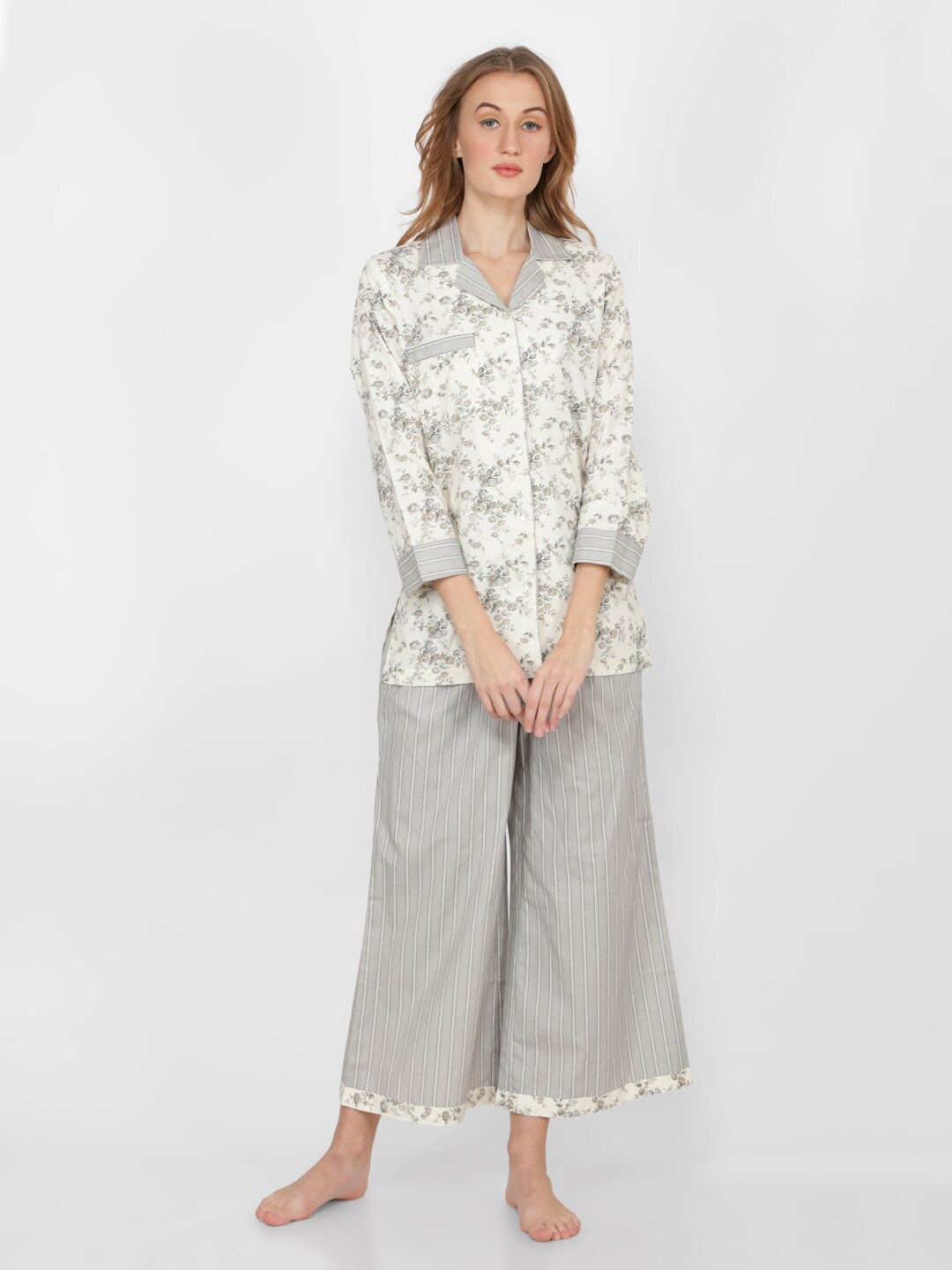 

NAVIYATA Women 2 Pieces Floral Printed Pure Cotton Shirt with Lounge Pants, White