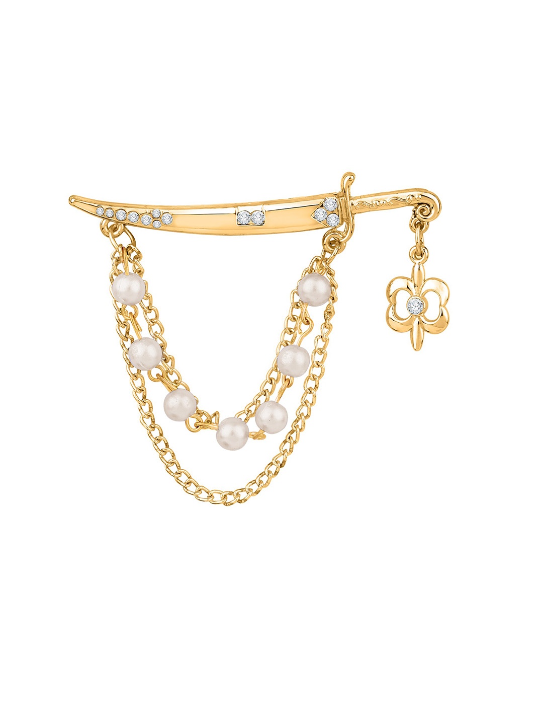 

Mahi Men Studded Pearl Sword Shape Tripple Layer Chain Brooch, Gold