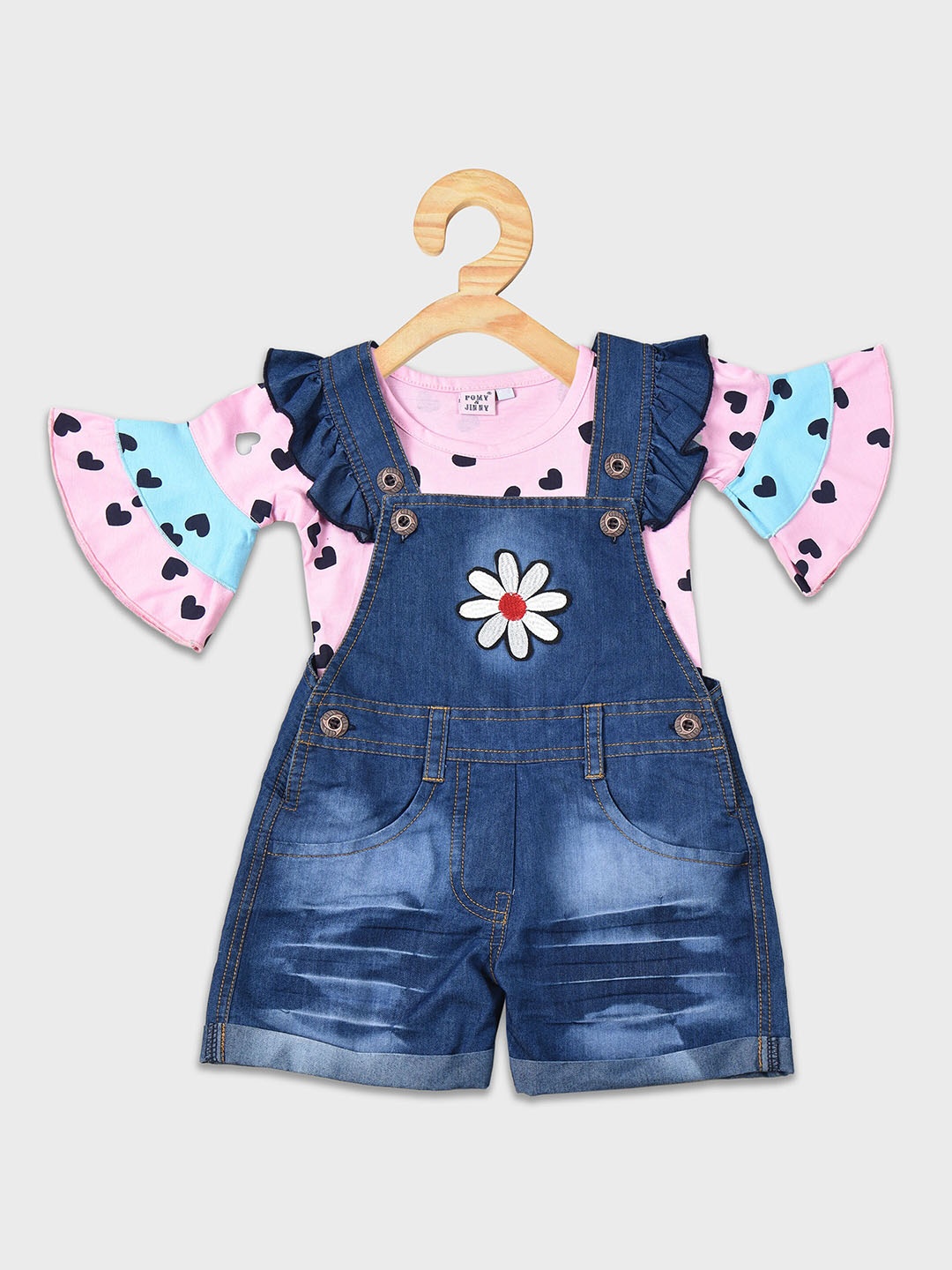 

POMY & JINNY Girls Denim Cotton Dungaree With Printed T-Shirt, Blue