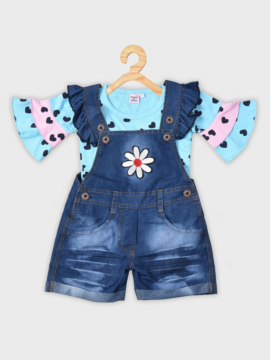 

POMY & JINNY Girls Printed Cotton Denim Dungaree, Blue