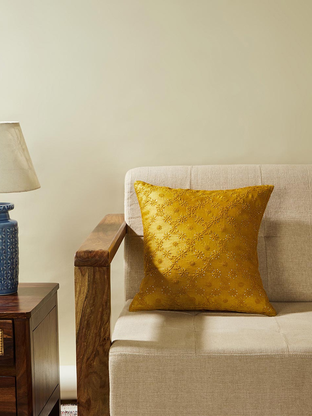 

Fabindia Mustard Yellow Embroidered Ochre Avira Silk Rectangle Cushion Cover