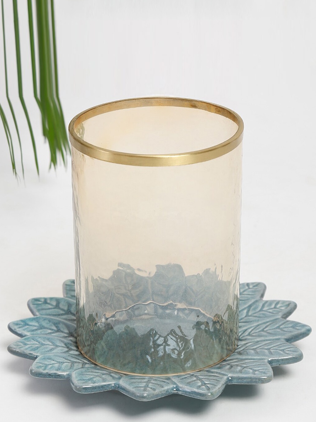 

Fabindia Ahan Teal Blue & Beige Pillar Hurricane Small Candle Holder