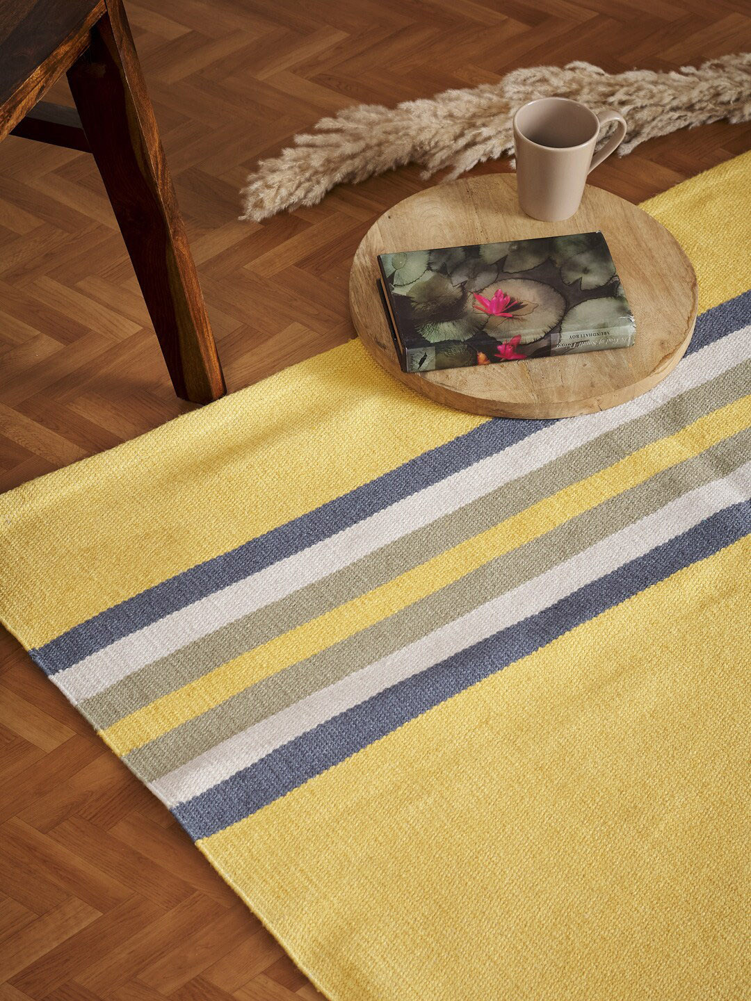 

Fabindia Ihania Yellow & White Striped Woven Design Dhurrie