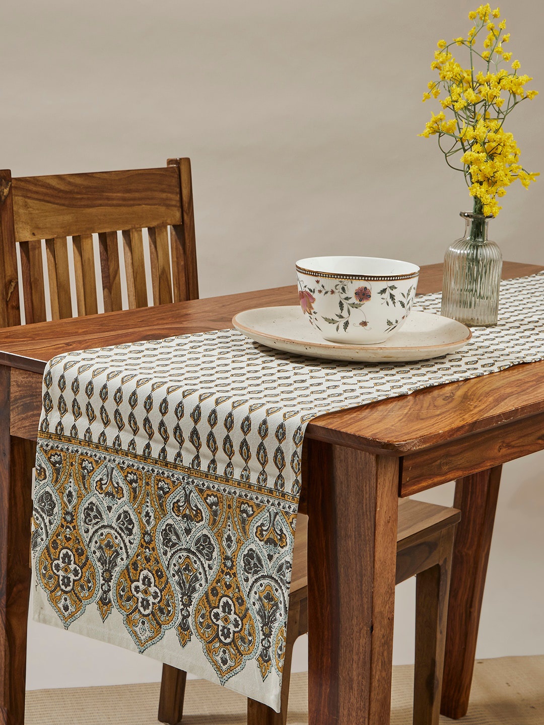 

Fabindia Samara Cream & Yellow Ethnic Motifs Block Printed Cotton Table Runner