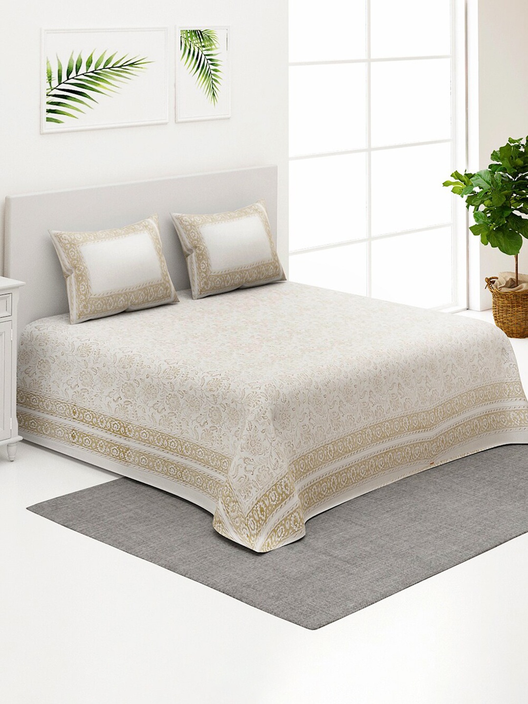 

Fabindia Odina Off White Floral Printed Cotton Double King Bed Cover