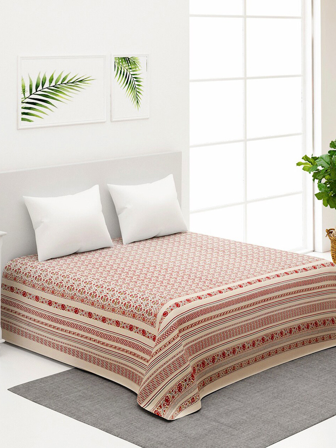 

Fabindia Varda Cream and Fuchsia Pink Floral Printed Cotton Double King Bed Cover