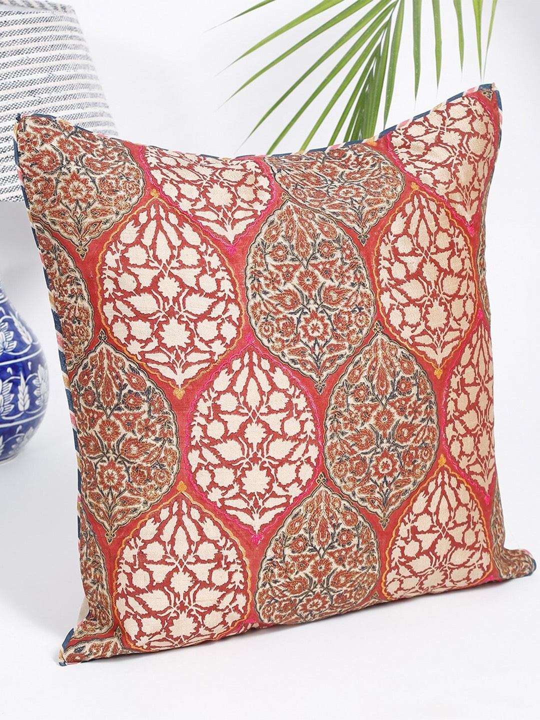 

Fabindia Red & Cream-Coloured Ethnic Motifs Yashwa Silk Square Cushion Cover