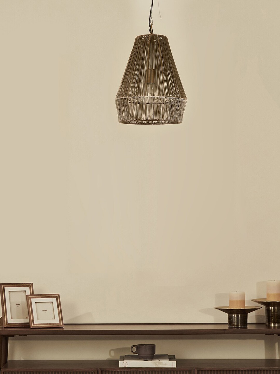 

Fabindia Suvarn Beige Textured Antique Brass Wire-Weaved Pendant Ceiling Lamp
