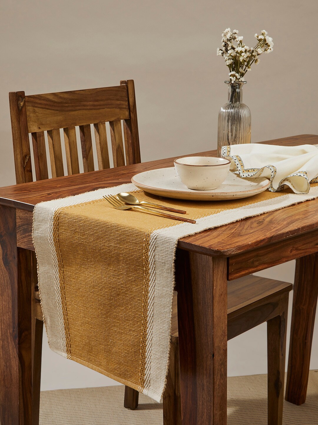 

Fabindia Samara Yellow & Beige Striped Border Woven Design Cotton Table Runner