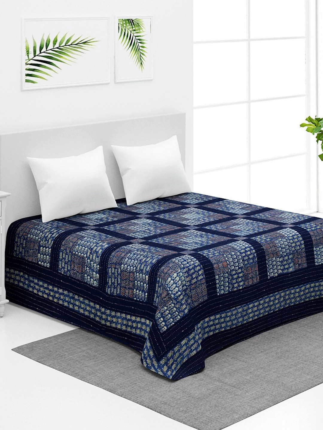 

Fabindia Siyahi Indigo Blue & Green Embroidered & Printed Cotton Double King Bed Cover