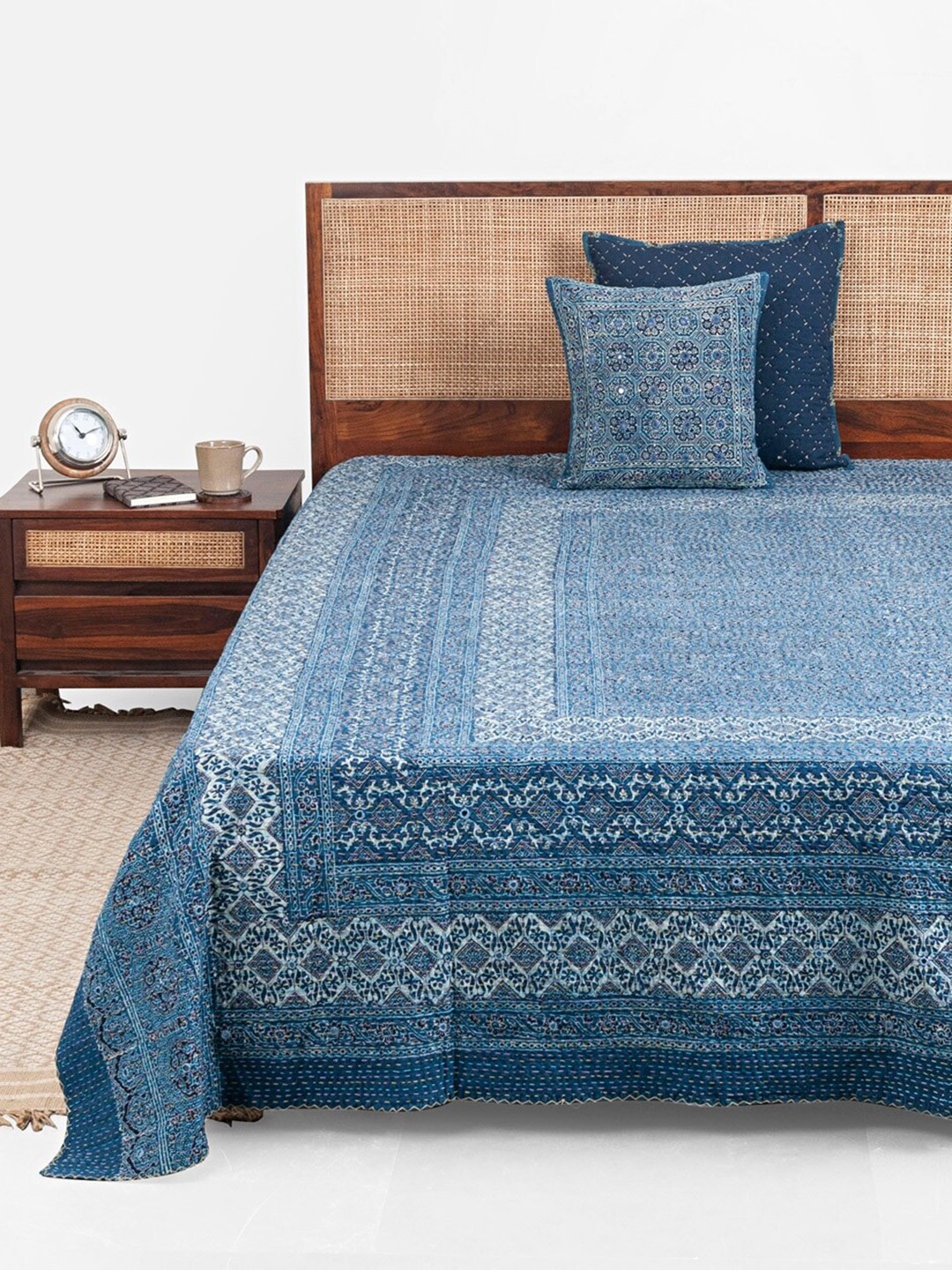 

Fabindia Dhanau Blue and White Printed & Embroidered Cotton Single Bed Cover