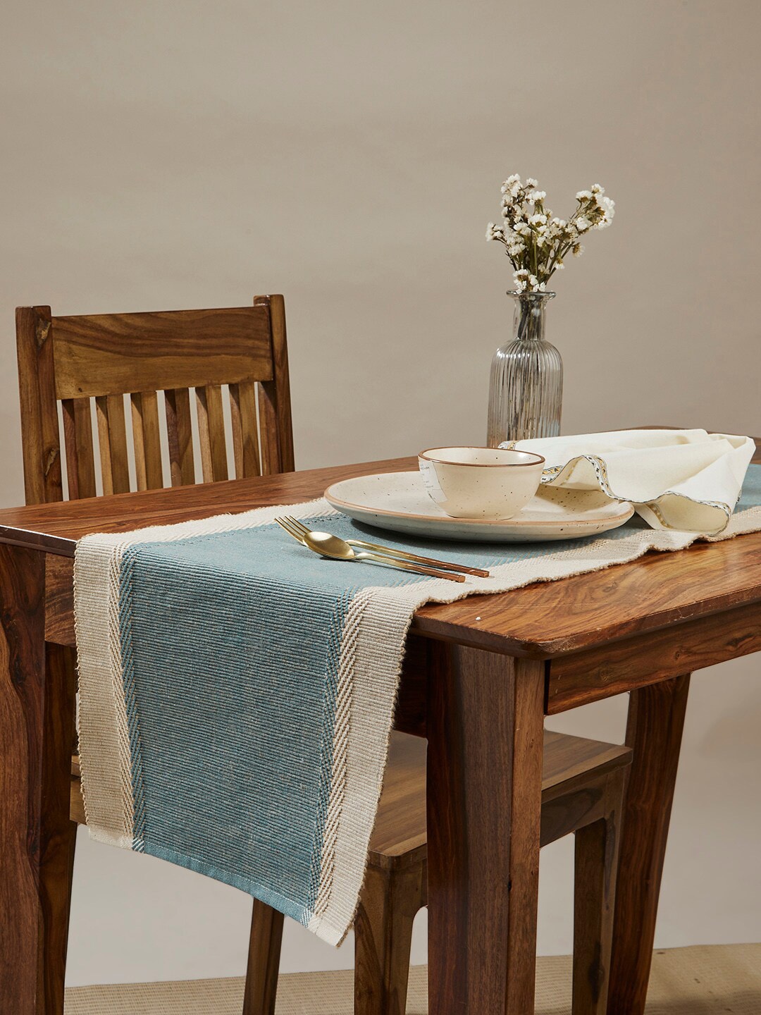 

Fabindia Idika Blue & Beige Woven Design Striped Border Cotton Table Runner