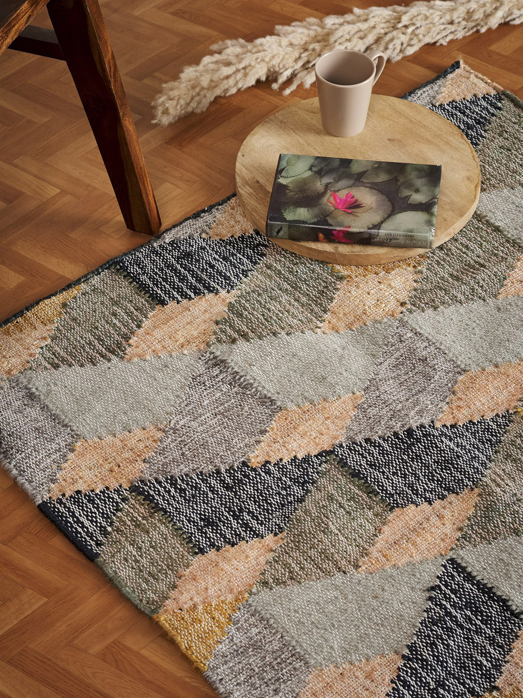 

Fabindia Bageecha Green & Grey Woven-Design Jute Wool Dhurrie