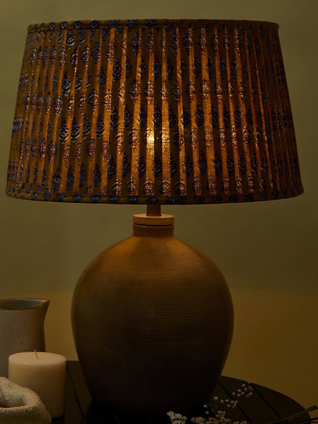 

Fabindia Ishmi Brown & Blue Floral Print Pleated Fabric Lampshade