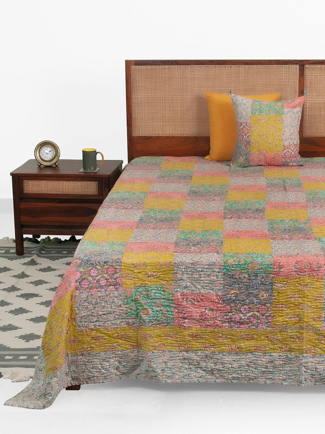 

Fabindia Humza Pink & Yellow Printed and Embroidered Cotton Single Bed Cover