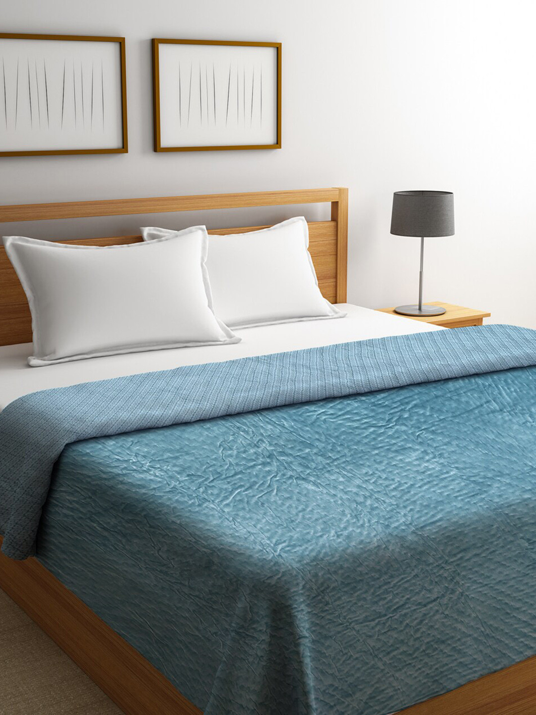 

Fabindia Baraz Teal Woven Design 120 TC Cotton & Velvet Double King Bed Cover