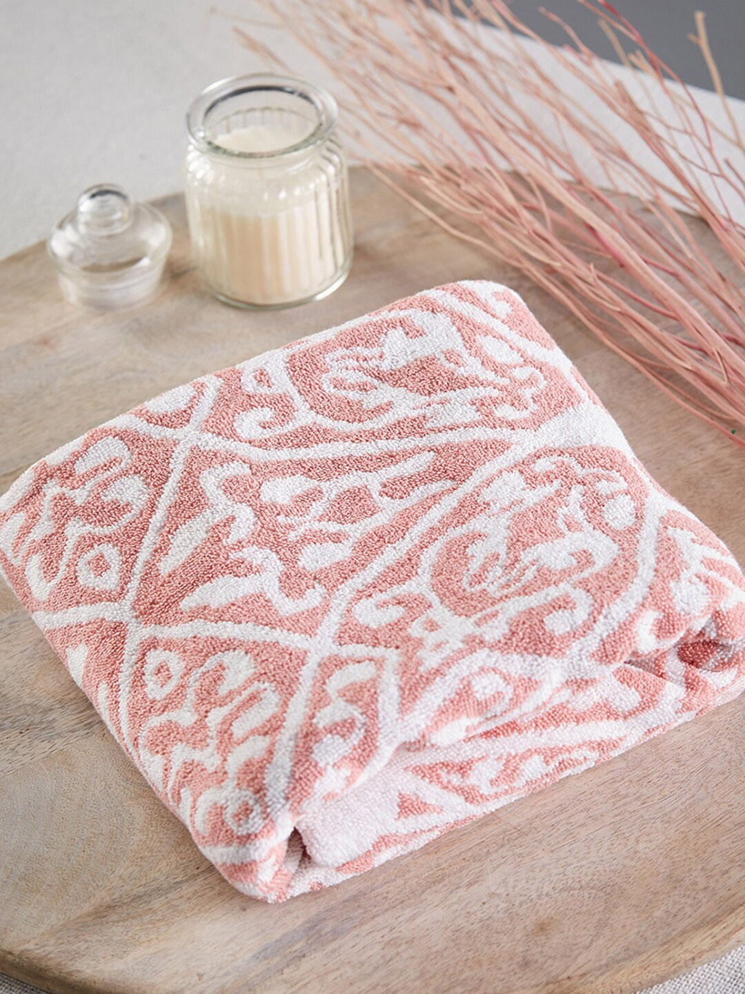 

Fabindia Shia Pink & White Woven Design 500 GSM Cotton Woven Towel