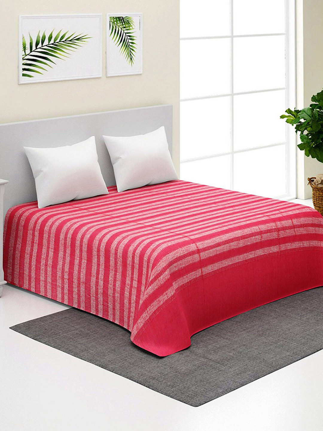 

Fabindia Amza Fuchsia Pink Striped Woven Design Cotton Double King Bed Cover