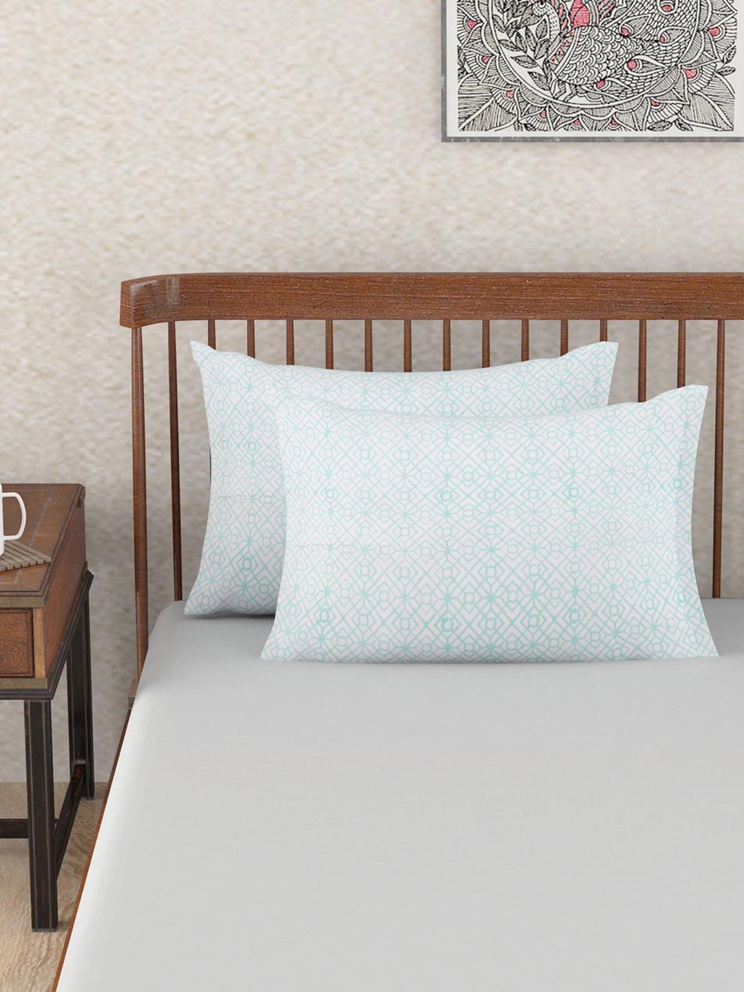 

Fabindia Adhya White & Teal Green Geometric Printed Cotton Pillow Cover