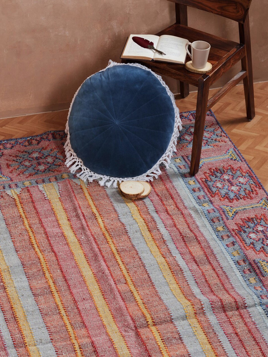 

Fabindia Blue & Pink Woven-Designed Jute Dhurrie