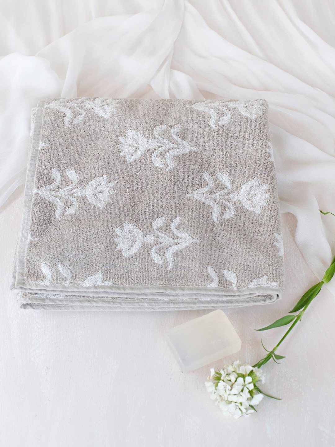

Fabindia Vikal Taupe Coloured Floral Printed 125 GSM Cotton Pile Bath Towel