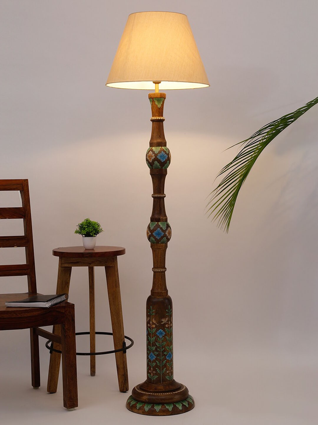 

Fabindia Ahan Brown & Cream-coloured Printed Wooden Floor Lamp With Shade