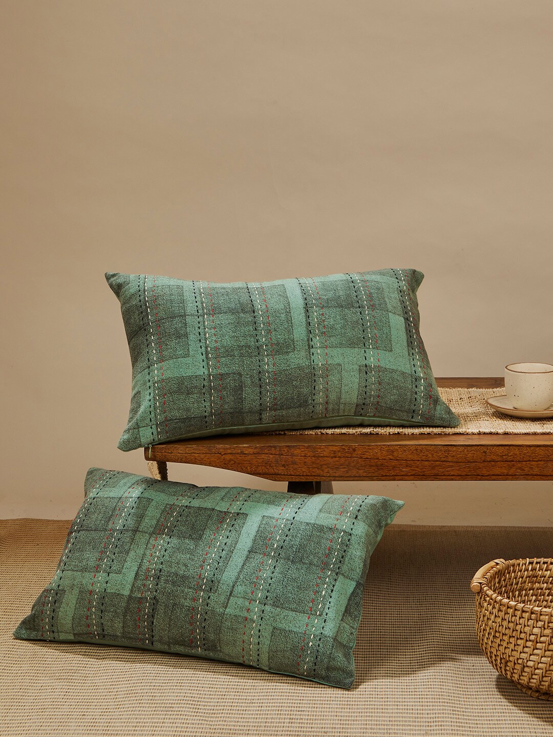 

Fabindia Green Geometric Printed Cotton Rectangle Cushion Cover