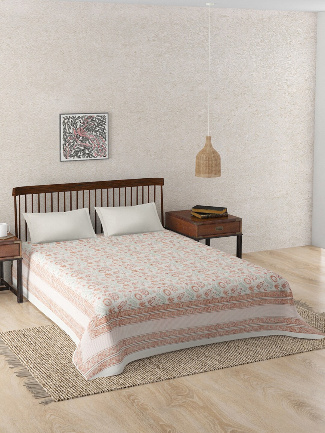 

Fabindia Vardaniya White & Floral Hand Block Print 120 TC Cotton Single Bed Cover, Coral
