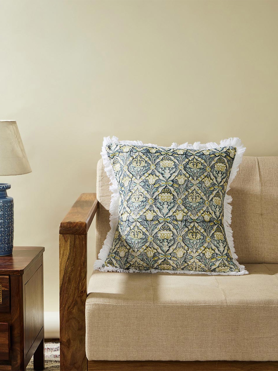 

Fabindia Ayaana Blue & Green Floral Printed Cotton Square Cushion Cover