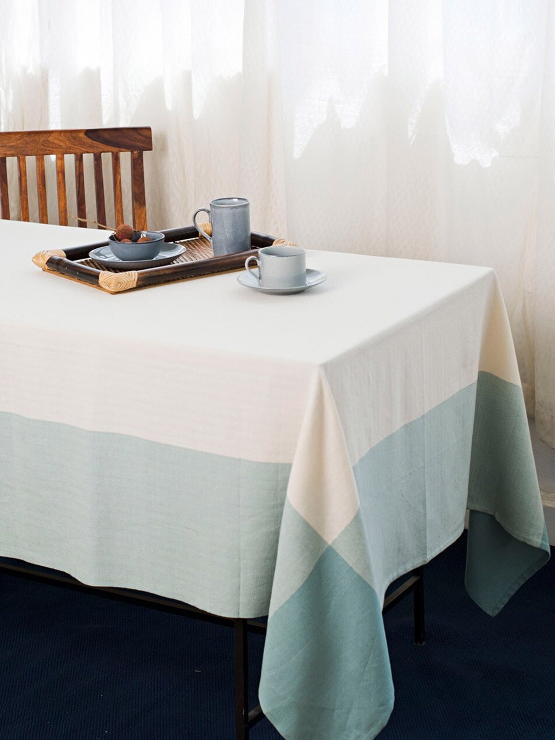 

Fabindia Adhesh Blue & White Colorblocked Cotton Printed Cotton 6 Seater Table Cover