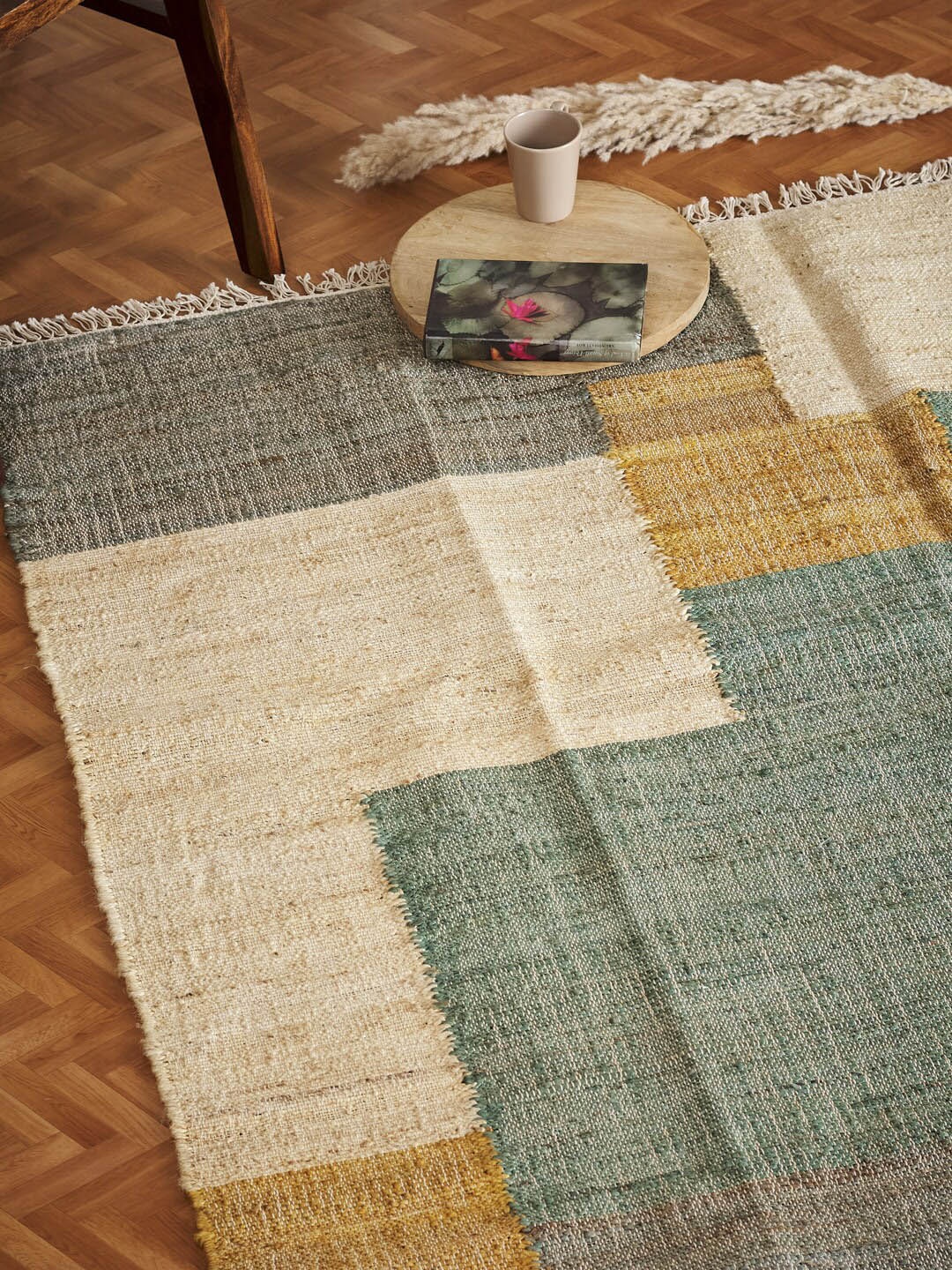

Fabindia Bageecha Green & Beige Geometric Woven Design Jute Cotton Dhurrie