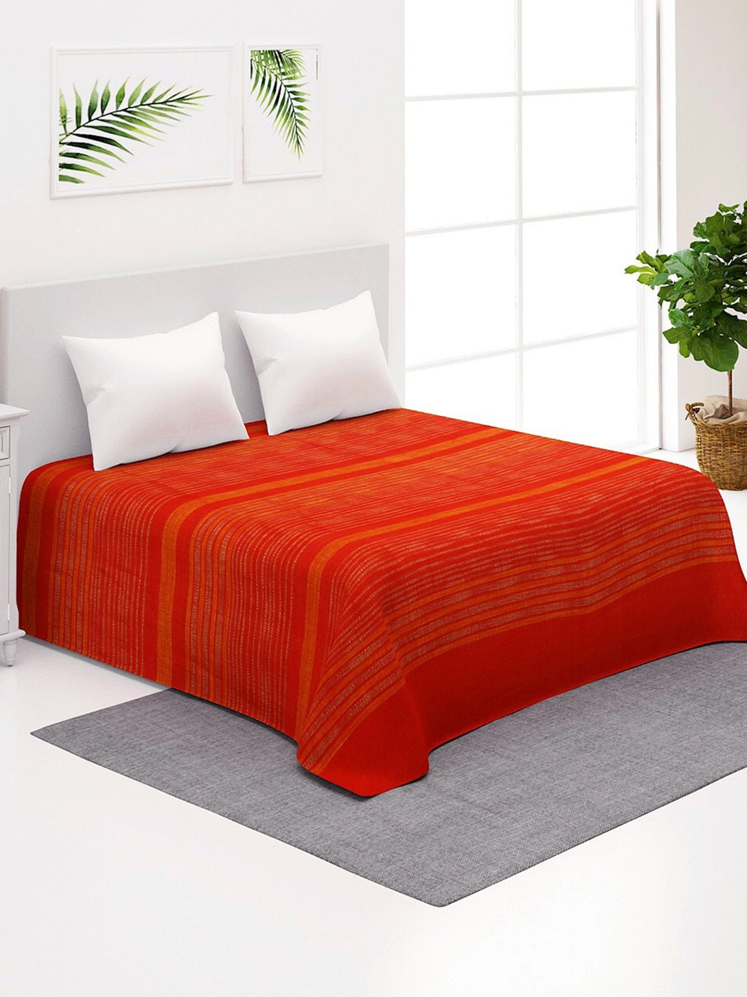 

Fabindia Fanik Red Striped Woven Design 120 TC Cotton Double Queen Bed Cover