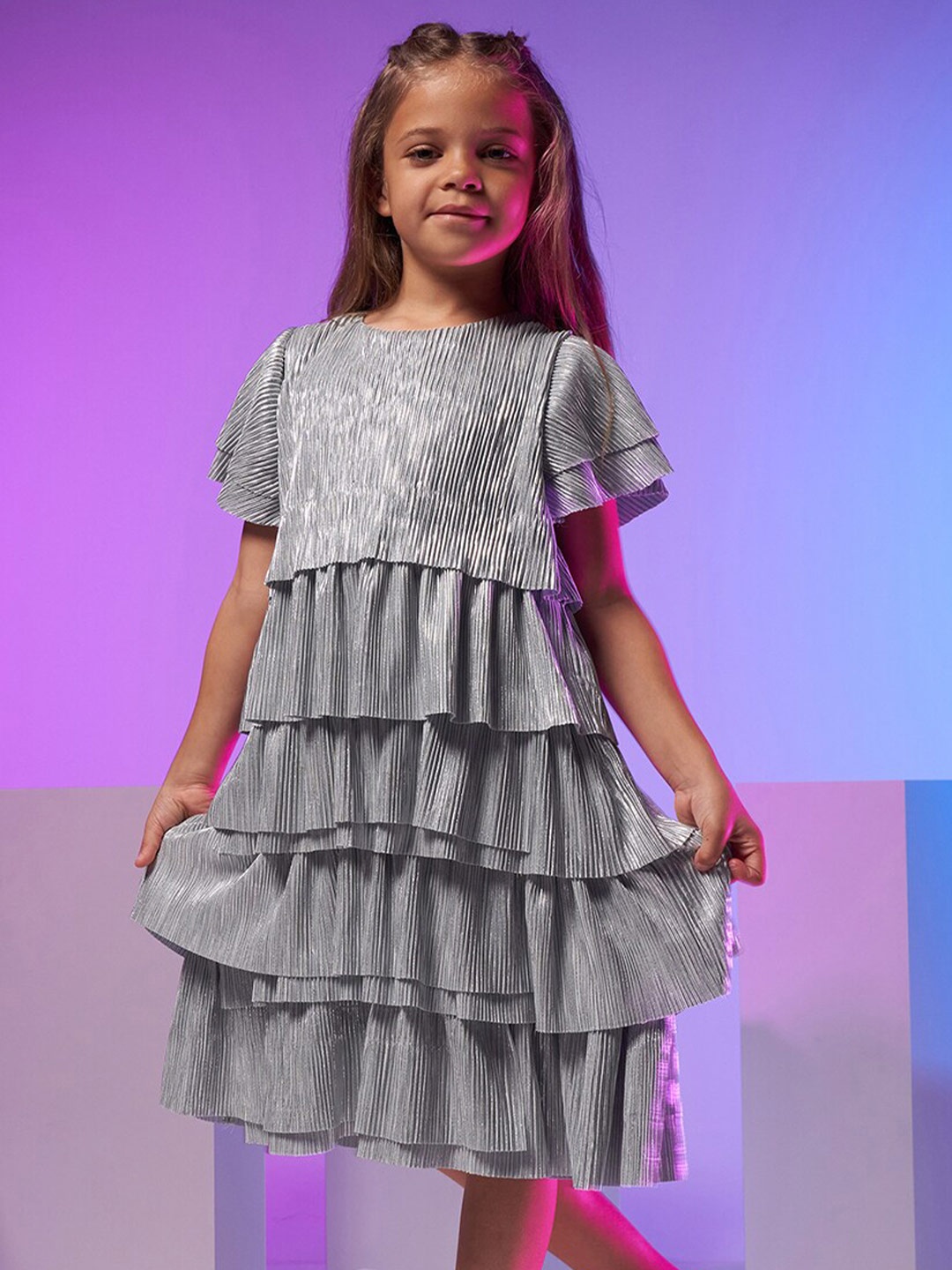 

Angel & Rocket Tiered Accordion Pleats Self Design Dress, Grey