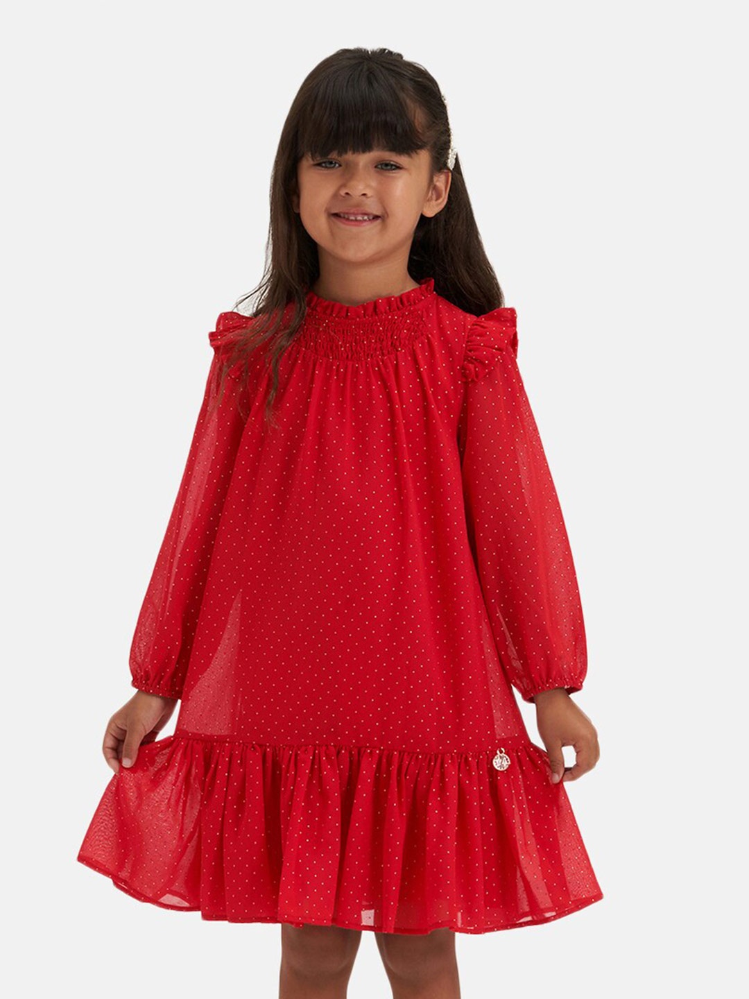 

Angel & Rocket Polka dots Printed Tiered A-Line Dress, Red