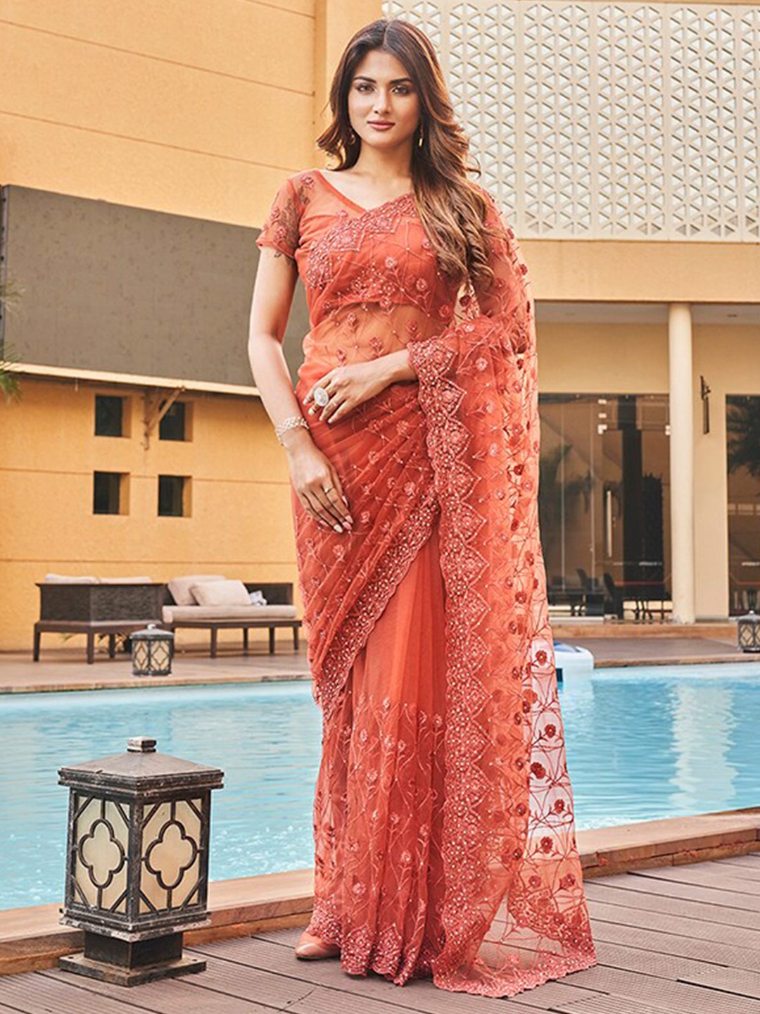 

Tikhi Imli Embroidered Net Heavy Work Saree, Rust