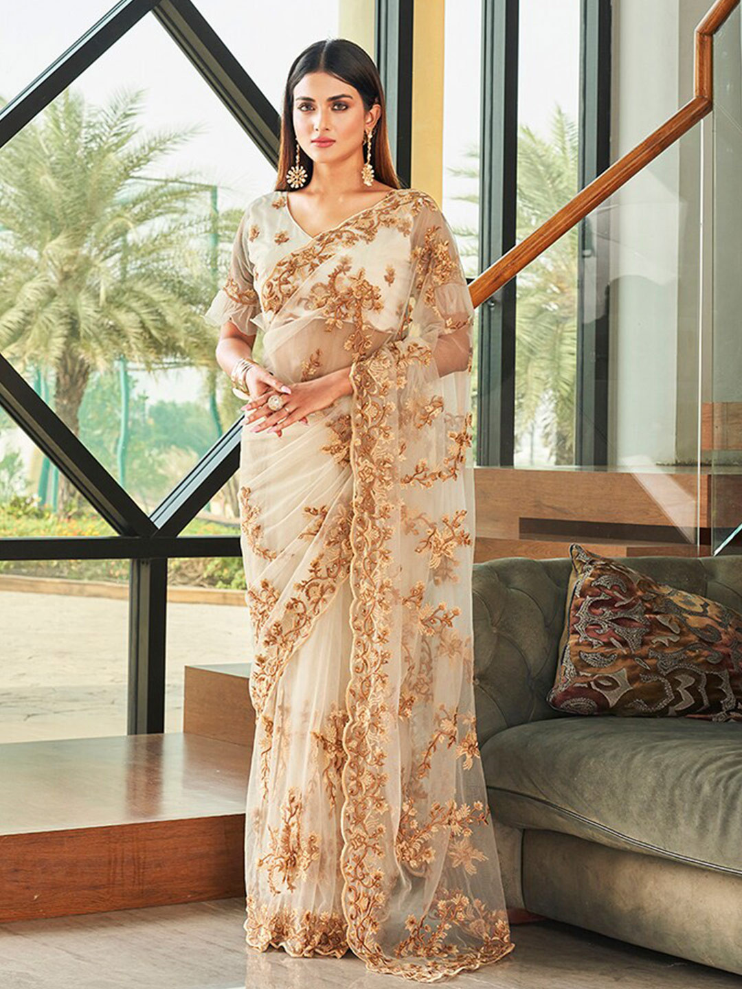 

Tikhi Imli Floral Embroidered Net Heavy Work Saree, Off white