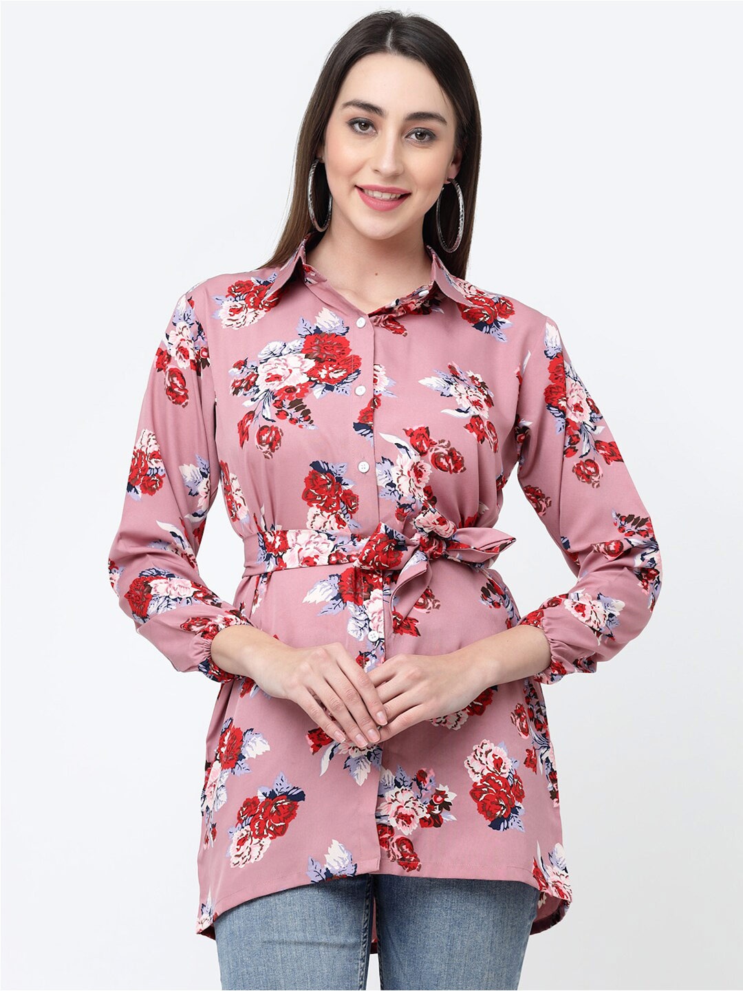 

MISS AYSE Floral Printed Shirt Style Longline Top, Peach