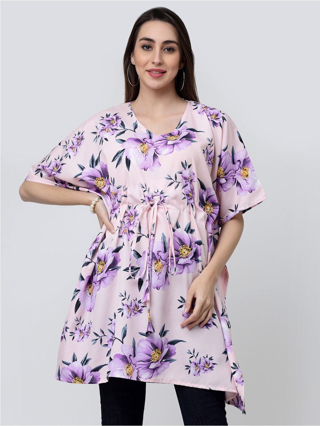 

MISS AYSE Floral Print Extended Sleeves Crepe Kaftan Longline Top, Peach