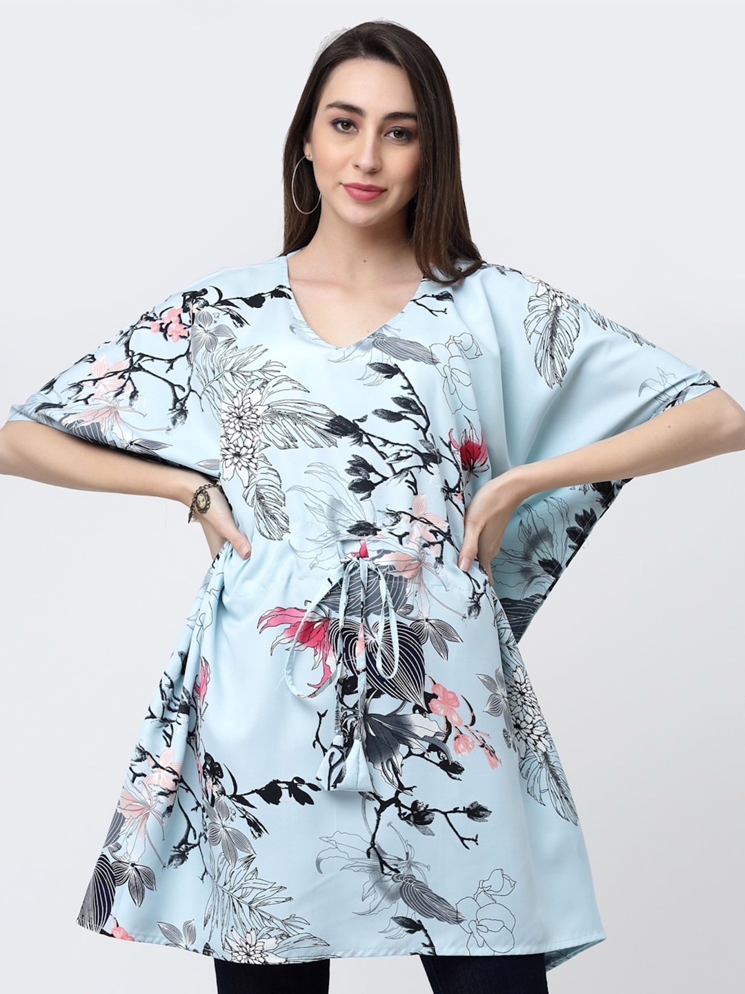 

MISS AYSE Floral Print Extended Sleeves Crepe Kaftan Longline Top, Blue