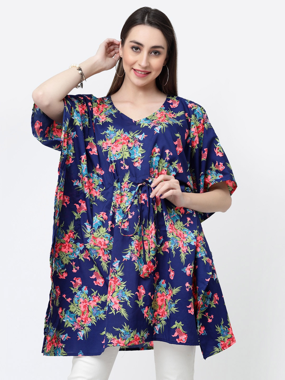 

MISS AYSE Floral Printed Kaftan Longline Top, Navy blue