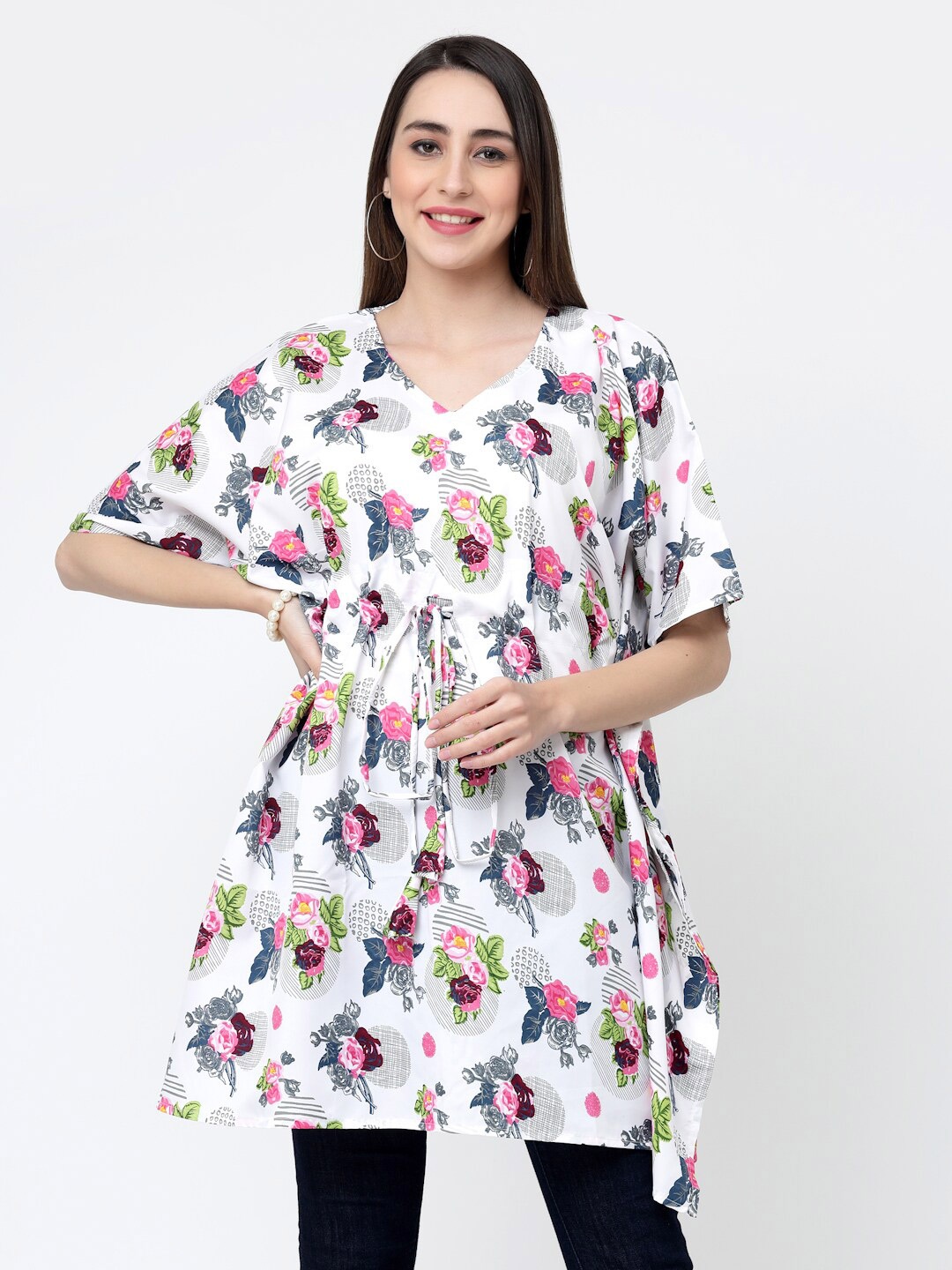 

MISS AYSE Floral Print Crepe Kaftan Longline Top, White