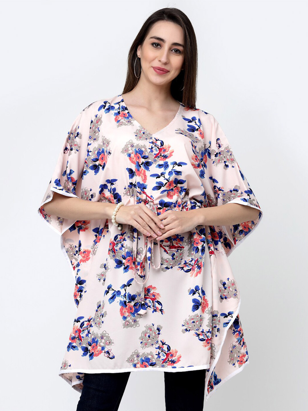 

MISS AYSE Floral Printed Crepe Kaftan Longline Top, White