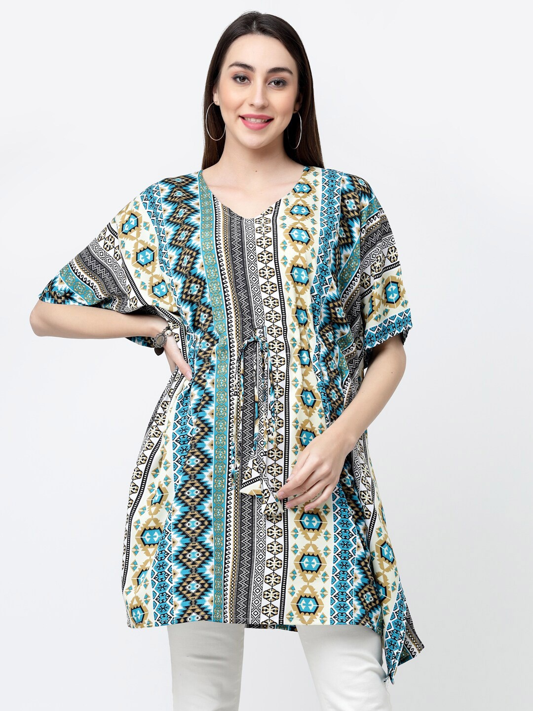 

MISS AYSE Print Crepe Kaftan Longline Top, Green