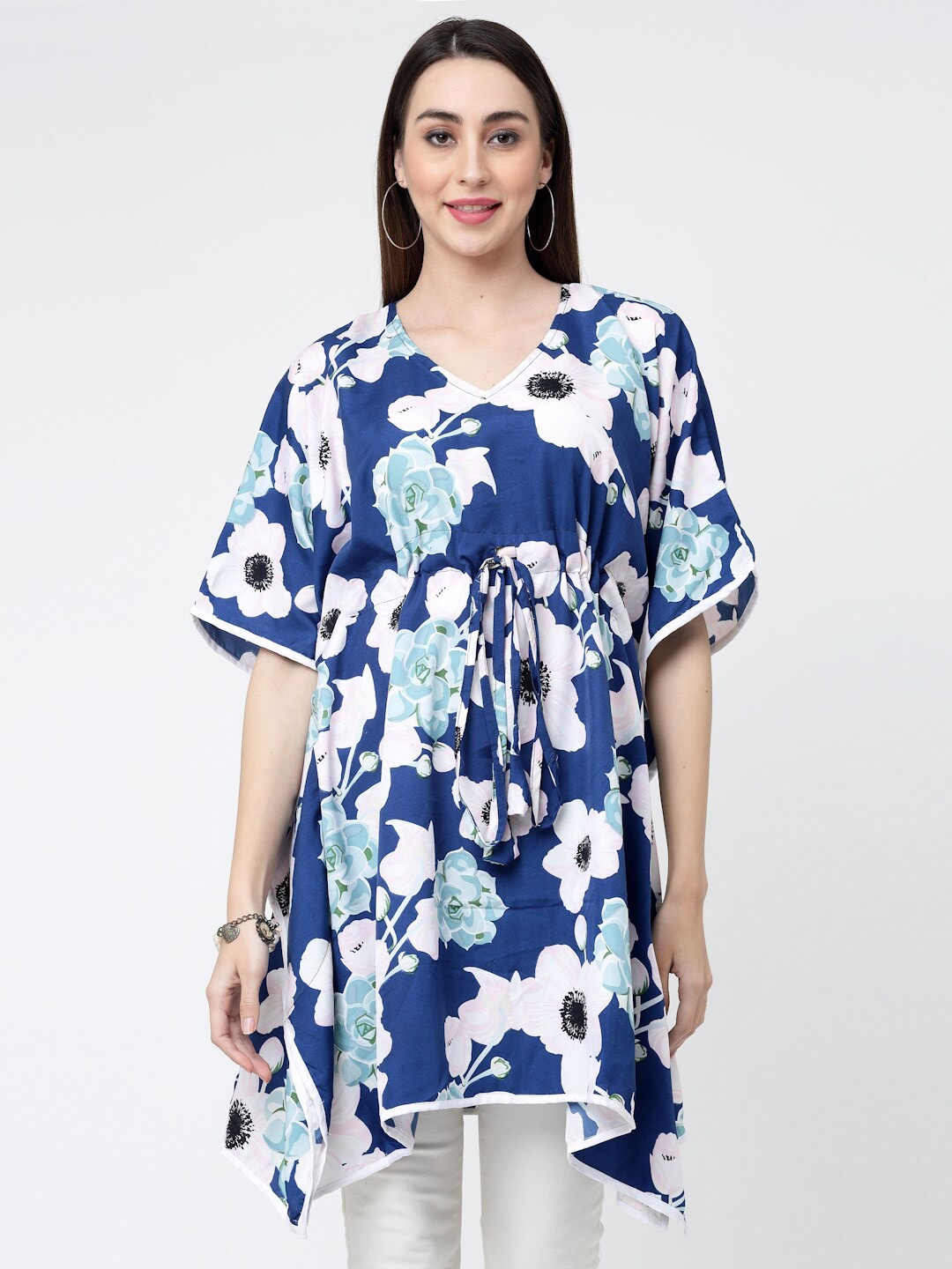 

MISS AYSE Blue & White Floral Print Crepe Kaftan Longline Top
