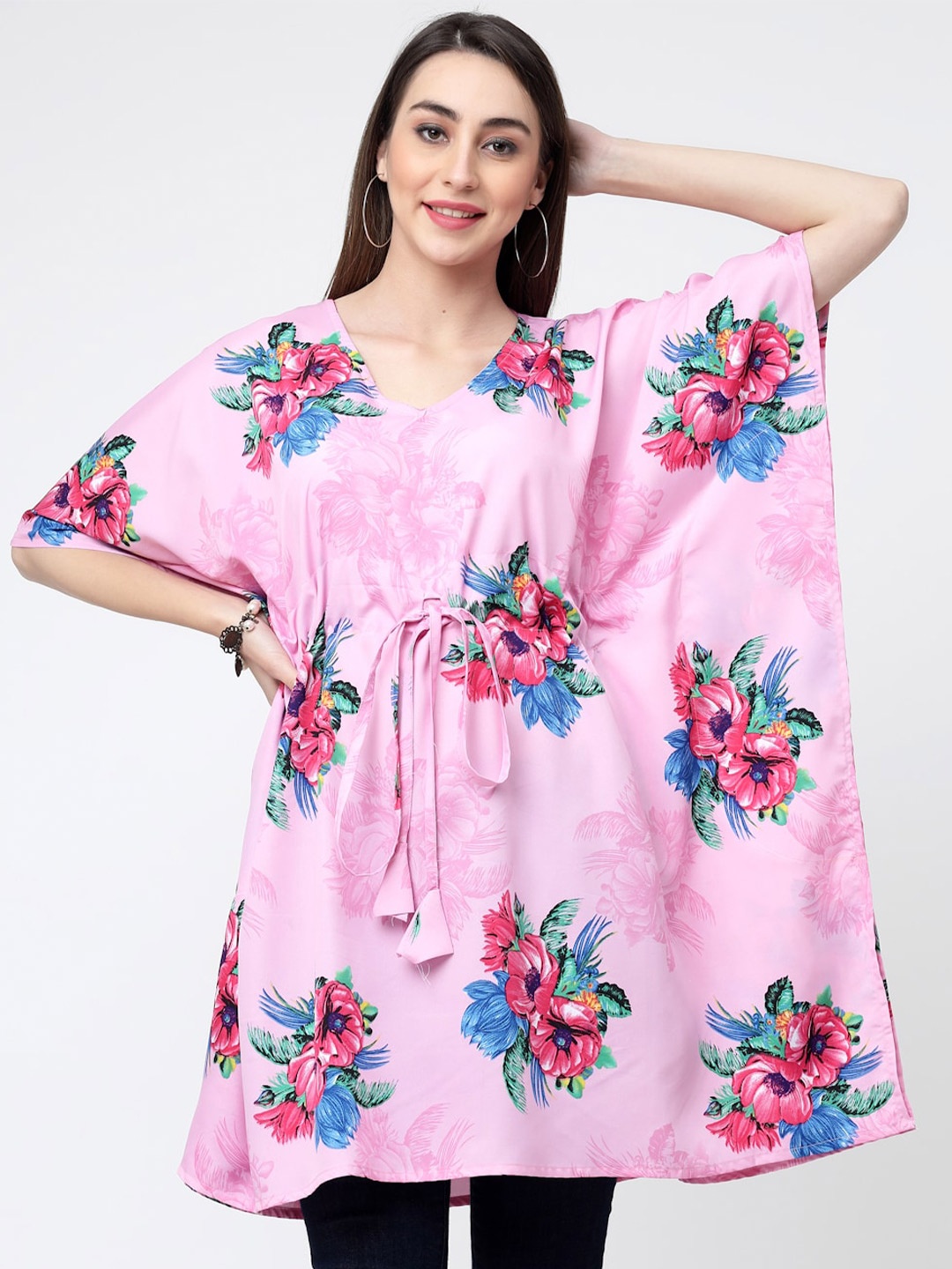 

MISS AYSE V-Neck Floral Print Kaftan Longline Top, Pink