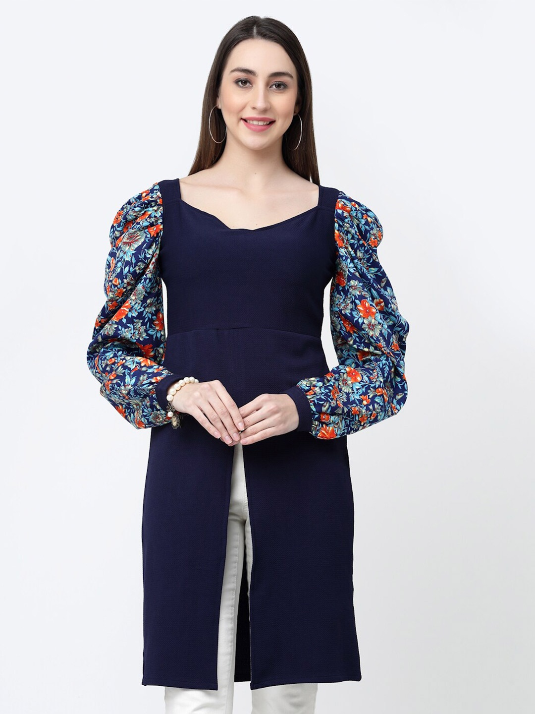

MISS AYSE Floral Printed Front Slit Detailed Puff Sleeves Longline Top, Navy blue