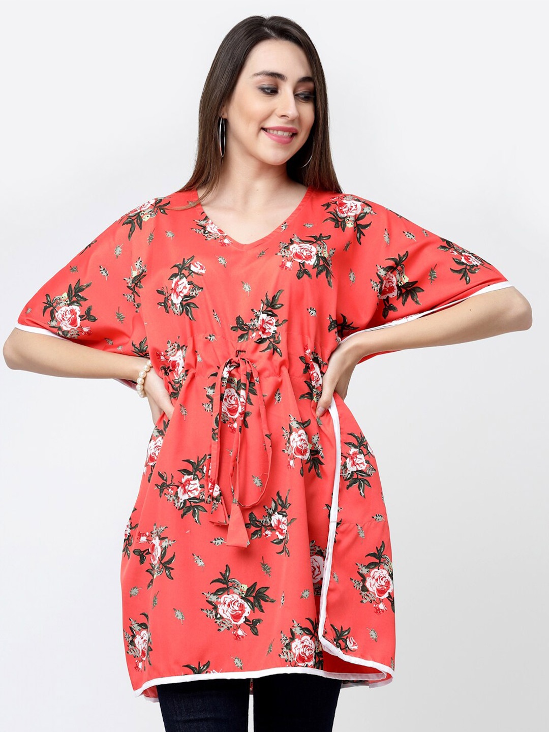 

MISS AYSE Floral Printed Kaftan Longline Top, Coral
