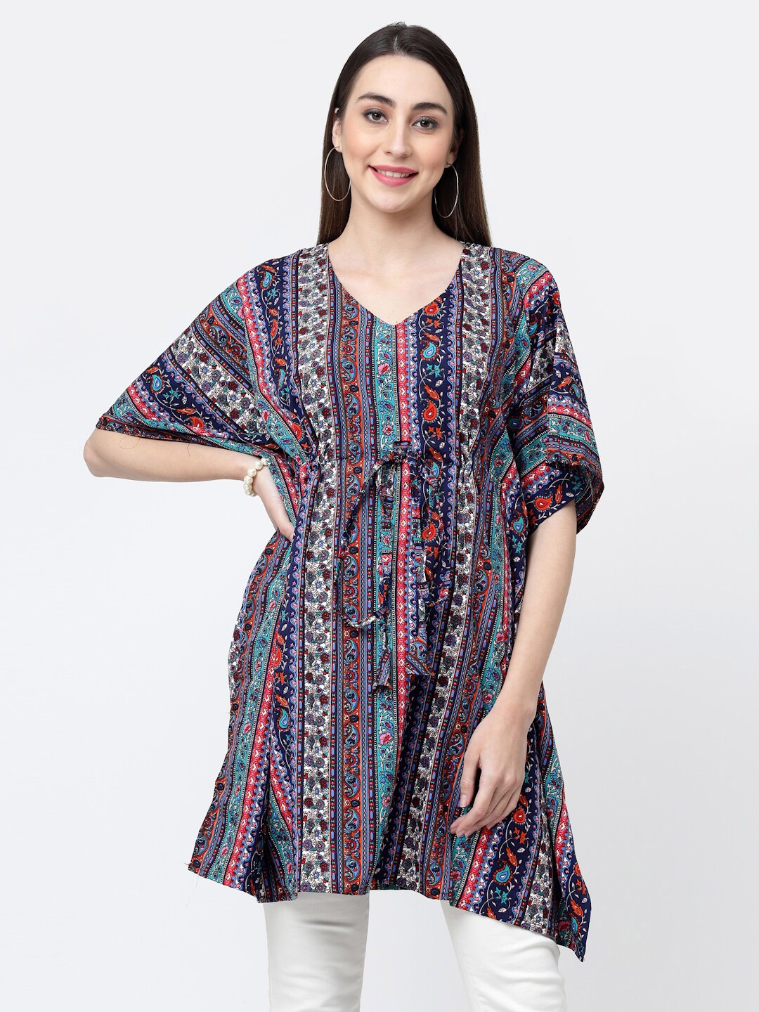 

MISS AYSE Ethnic Printed Kaftan Longline Top, Navy blue