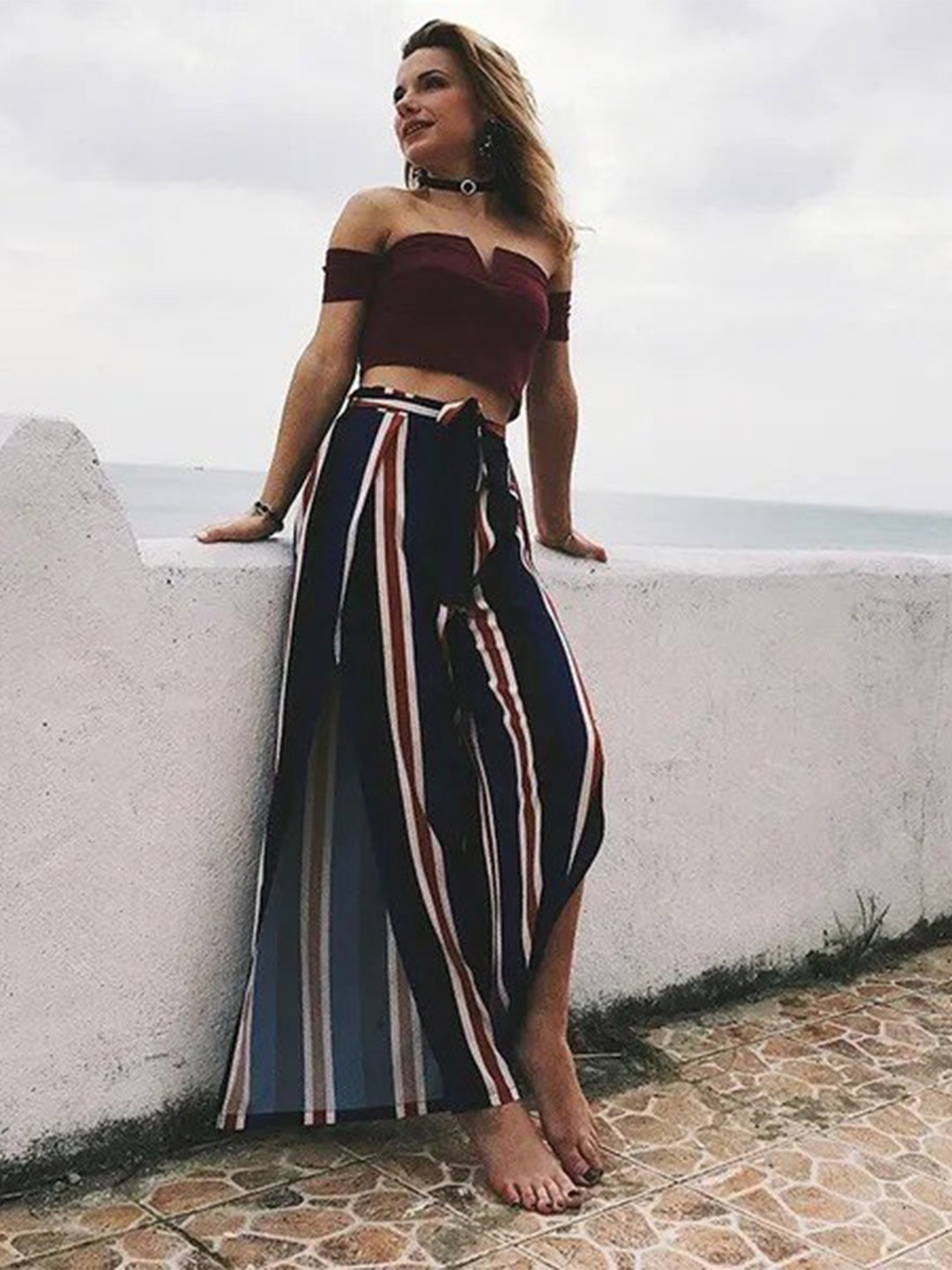 

La Aimee Women Navy Blue & Red Striped Flared Palazzos