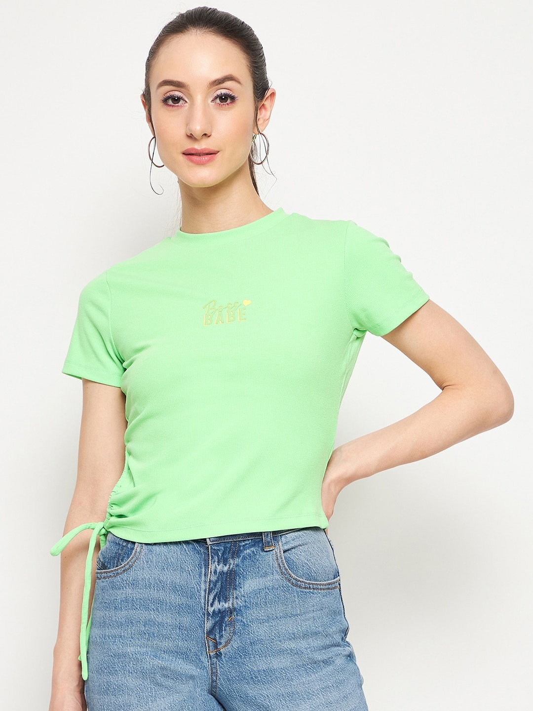 

Madame Round Neck Waist Tie-Ups Cotton Top, Green